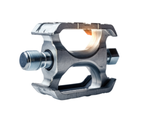 A metallic bicycle pedal showcasing intricate design and engineering, emphasizing its sturdy construction and functionality.