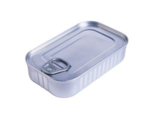 A sleek metal tin can with a pull-tab lid, designed for storing food, featuring a rectangular shape and smooth surface.