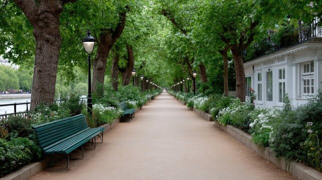 Tranquil Green Tree Lined Pathway With Floral Borders And Park Benches In Daylight