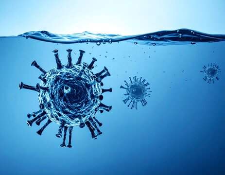 Molecular imagery depicting viral structures submerged in fluid