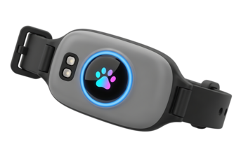 Modern dog collar with glowing paw print display and control buttons for pet safety isolated on transparent background