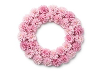 Pink Chrysanthemum Flower Wreath Border, Circular Floral Arrangement on White Background