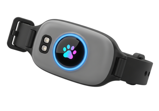 Modern dog collar with glowing paw print display and control buttons for pet safety isolated on transparent background