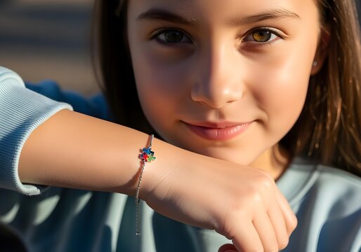Smiling girl with blue headphones and colorful puzzle bracelet shows pride in neurodiversity, inclusion, empowerment and support for the autism spectrum