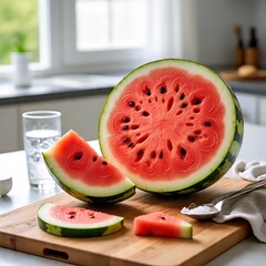 Whole and sliced watermelon on kitchen counter with natural morning light