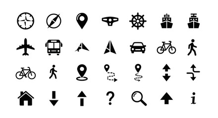 Collection of minimalist black glyph icons representing travel, transportation, and map navigation symbols for web and mobile app design