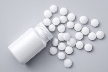 A bottle on a bright surface overflows with white tablets, creating a serene image of wellness and medicine