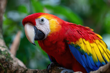 Obraz premium Colorful macaw perched on a branch in a lush tropical environment during daylight hours