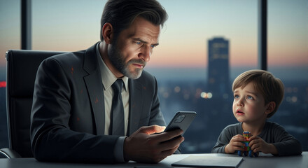 A busy businessman father ignores his sad young son while focused on his smartphone in a modern office. Concept of poor work-life balance, technology addiction, and parenting challenges
