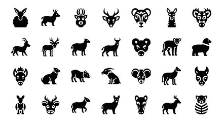 Solid black glyph icon set of various horned and antlered mammals like deer, goats, and antelopes for web and print