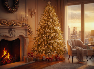 Elegant Christmas tree in a cozy living room by the fireplace, warm garland, sparkling glass toys and golden ribbon, gifts under the tree