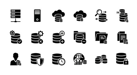Comprehensive collection of glyph icons representing database management, server administration, and cloud data services for interface design