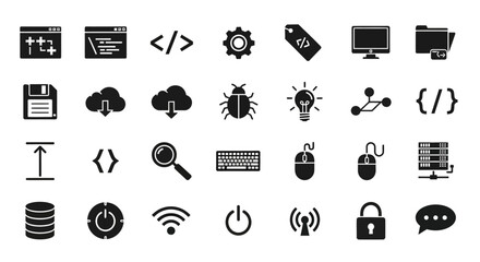 A comprehensive set of black solid glyph icons for technology, software engineering, web development, and network security concepts