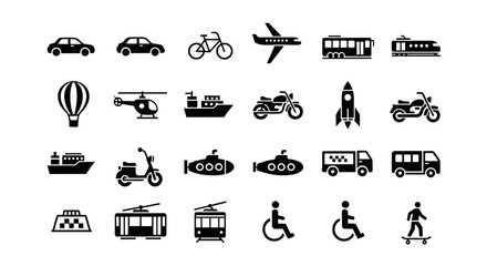 A diverse collection of monochrome transportation glyph icons, including vehicles for land, air, and sea travel