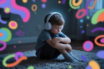 Boy with headphones sits hugging knees in glowing room with chaotic abstract visuals, symbolizing neurodivergent sensory overload and inner world