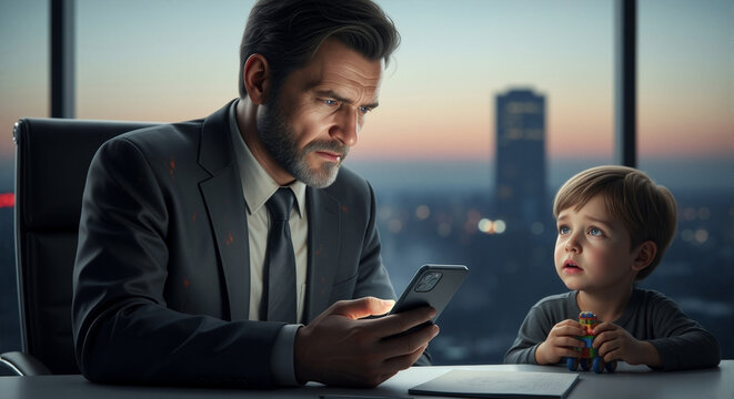 A busy businessman father ignores his sad young son while focused on his smartphone in a modern office. Concept of poor work-life balance, technology addiction, and parenting challenges
