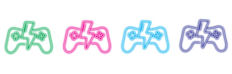 A set of four colorful neon game controllers with lightning bolts, symbolizing gaming power and excitement, isolated on white © Moynul Haque