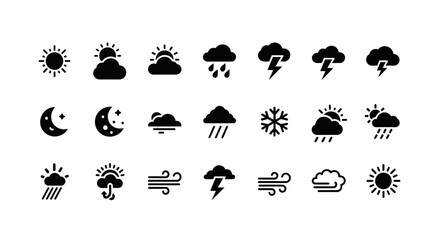 Fototapeta premium Collection of simple black weather forecast glyph icons. A complete set of meteorological symbols including sun, rain, storm, snow, and wind