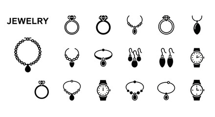 A versatile collection of minimalist jewelry and accessory line icons. Vector symbols for rings, watches, and necklaces isolated on white