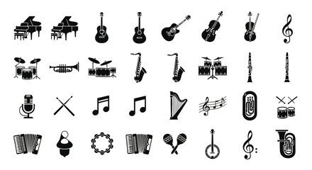 A diverse collection of musical instrument silhouette icons. A vector set of simple black glyphs for music, orchestra, and band themes