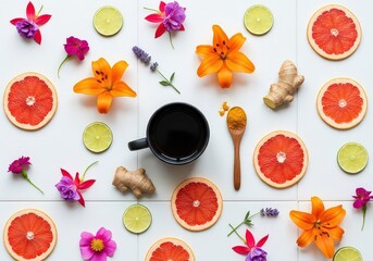 Flat lay of refreshing citrus slices, ginger, flowers, and tea on white background