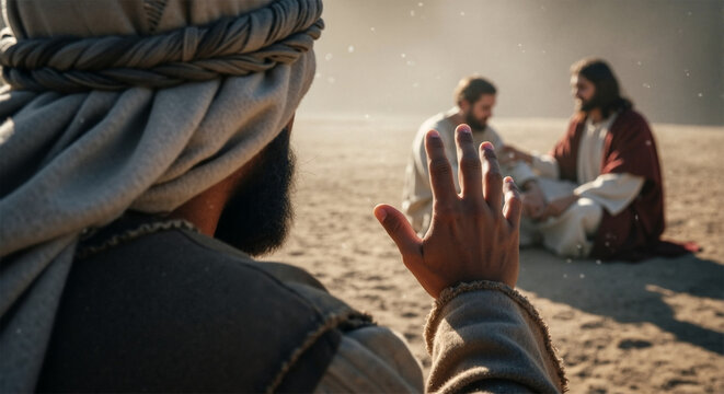 Biblical scene of Jesus Christ performing a healing miracle in the desert. A man's hand is raised in faith and hope. New Testament story of compassion and belief