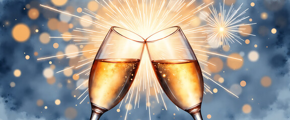 Cheers to the new year with champagne glasses and fireworks display