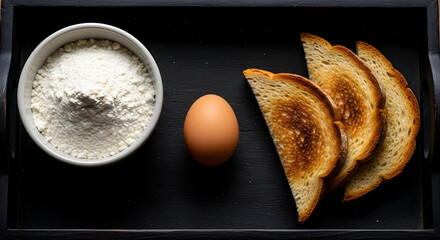 Flour, Egg, Toasted Bread: Essential Ingredients for Baking & Breakfast on Rustic Dark Surface