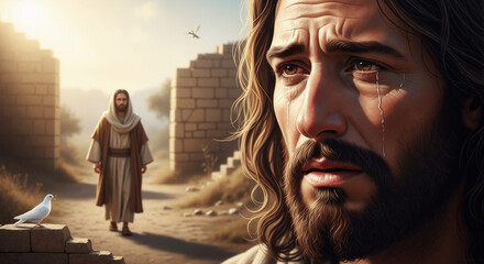Naklejka premium A close-up portrait of Jesus Christ crying with tears of sorrow. Biblical illustration of Jesus weeping over Jerusalem with a dove as a symbol of the holy spirit