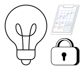Lightbulb, clipboard with analytical chart, and secure padlock representing creative ideas, data analysis, and protection. Ideal for innovation, cybersecurity, strategy, analysis technology