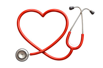 Red stethoscope shaped like a heart on white background — ideal for healthcare, compassion, or medical branding visuals.