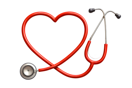 Red stethoscope shaped like a heart on white background — ideal for healthcare, compassion, or medical branding visuals.