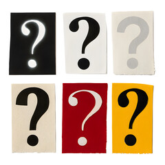 Ransom letter font ? from printout magazine cutout, collage element for graphic design,  png isolated on transparent background. A collage of six stylized question marks on varied backgrounds