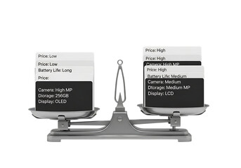 Weighing business options comparing proposals using a classic balance scale symbolizing choice isolated on transparent background