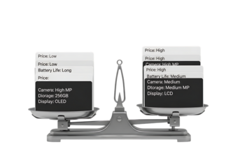 Weighing business options comparing proposals using a classic balance scale symbolizing choice isolated on transparent background