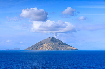 The Aeolian Archipelago: sea horizon with the Island of Stromboli, southern Italy, near the northern coast of Sicily.