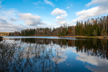 autumn landscape, lake shore, day by the lake, colorful trees reflecting in the lake water, Vaidava...