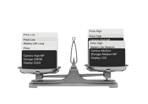 Weighing business options comparing proposals using a classic balance scale symbolizing choice isolated on transparent background