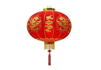 Obraz premium Vibrant red chinese lantern with golden ornate patterns illuminated for festive celebrations isolated on transparent background