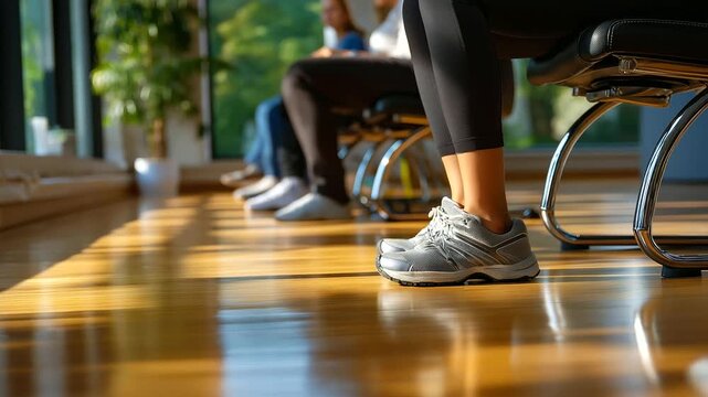 Defocused group of people performing light leg stretches beside ergonomic chairs, warm reflection on wooden floor adding comfort, with copy space.