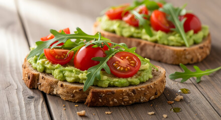 Healthy Avocado Toast with Fresh Cherry Tomatoes & Arugula on Rustic Wooden Table. Vegan Breakfast Meal.