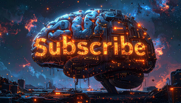 Ignite your audience with a stunning, futuristic brain graphic featuring the word "Subscribe" in glowing orange, perfect for technology and content creation calls to action.