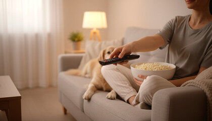 Obraz premium Woman holding TV remote control on the sofa at home