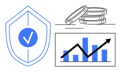 Shield with tick, coin stacks, and upward bar graph indicating security, savings, and financial growth. Ideal for finance, investment, saving, insurance protection growth planning and business