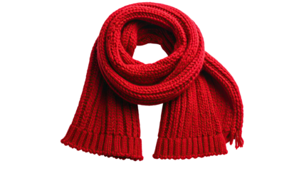 Red knit scarf coiled, ends hanging down, on a black background