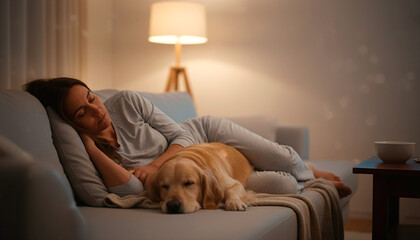 Woman asleep on the sofa with her dog at home