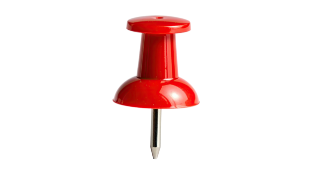 Close-up of a vibrant, solitary, shiny red pushpin