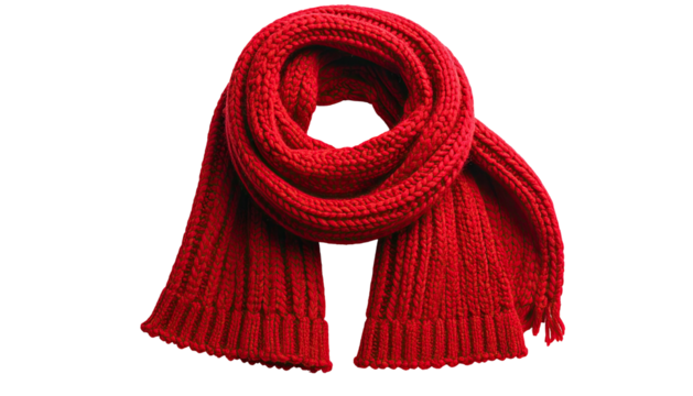 Red knit scarf coiled, ends hanging down, on a black background