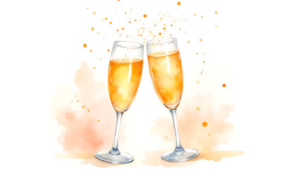 Two champagne glasses clinking together with golden bubbles and splash