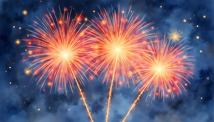 Bright red and orange fireworks exploding in a dark night sky with smoke